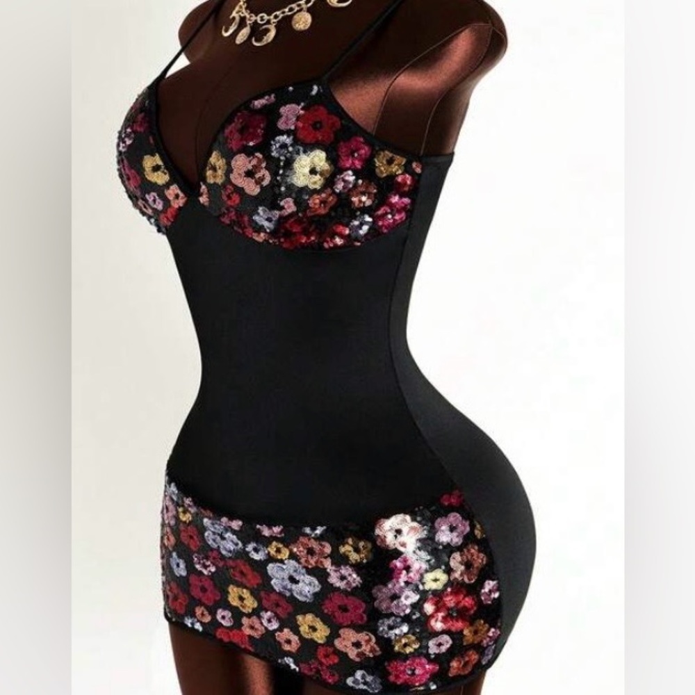 Black Sequin Floral Slip Dress - Multi-Color Accents
